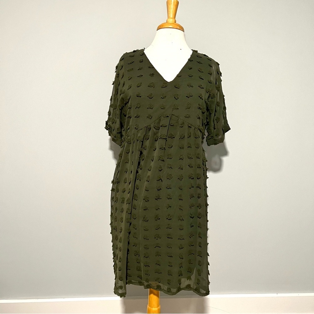 NEW Amazon Kirundo Olive Army Green Swiss Dot Babydoll Dress Size M
